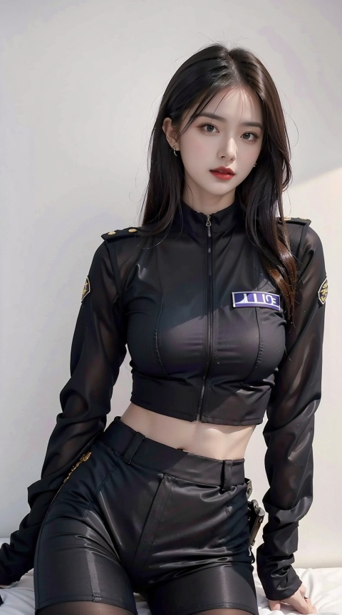  High quality, masterpiece, 1 girl, 
(Tight black police uniform: 1.3), supermodel purple, Sexy thighs, black silk belly,