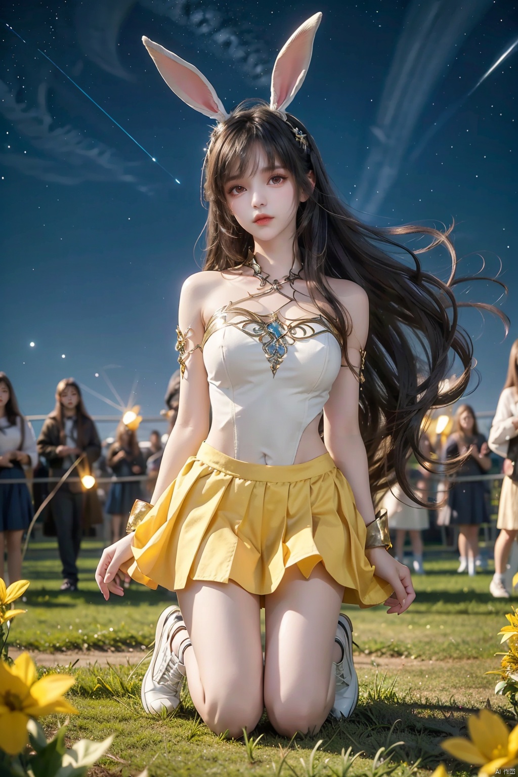  1 girl, animal ears, bangs, bare shoulders, closed mouth, skirt, eyebrows, visible hair, body, hair between the eyes, hair ornaments, long hair, look at the audience, rabbit ears, black hair flying in the wind, alone, kneeling, starry sky, very long hair, white shoes, yellow skirt, black eyes