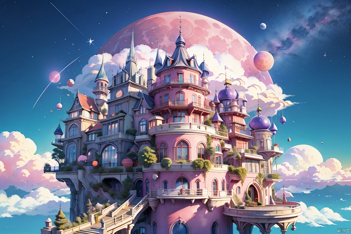  a castle with a pink staircase going up to it and a moon in the sky above it and a pink staircase going up to it, above clouds, architecture, building, castle, chimney, city, city lights, cityscape, clock, clock tower, cloud, cloudy sky, constellation, crescent moon, earth \(planet\), full moon, galaxy, horizon, house, milky way, moon, moonlight, mountain, mountainous horizon, night, night sky, no humans, outdoors, planet, purple sky, red moon, rooftop, scarlet devil mansion, scenery, shooting star, sky, skyline, skyscraper, space, star \(sky\), starry sky, sun, tower