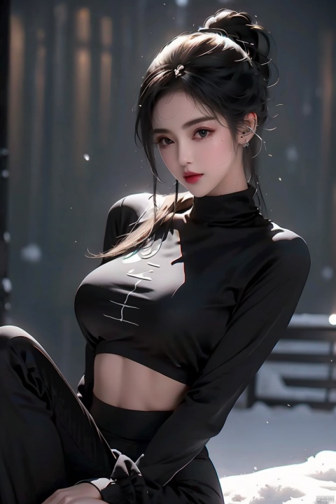  1 girl,(black tight yoga suit), white esports earphones, (snow),