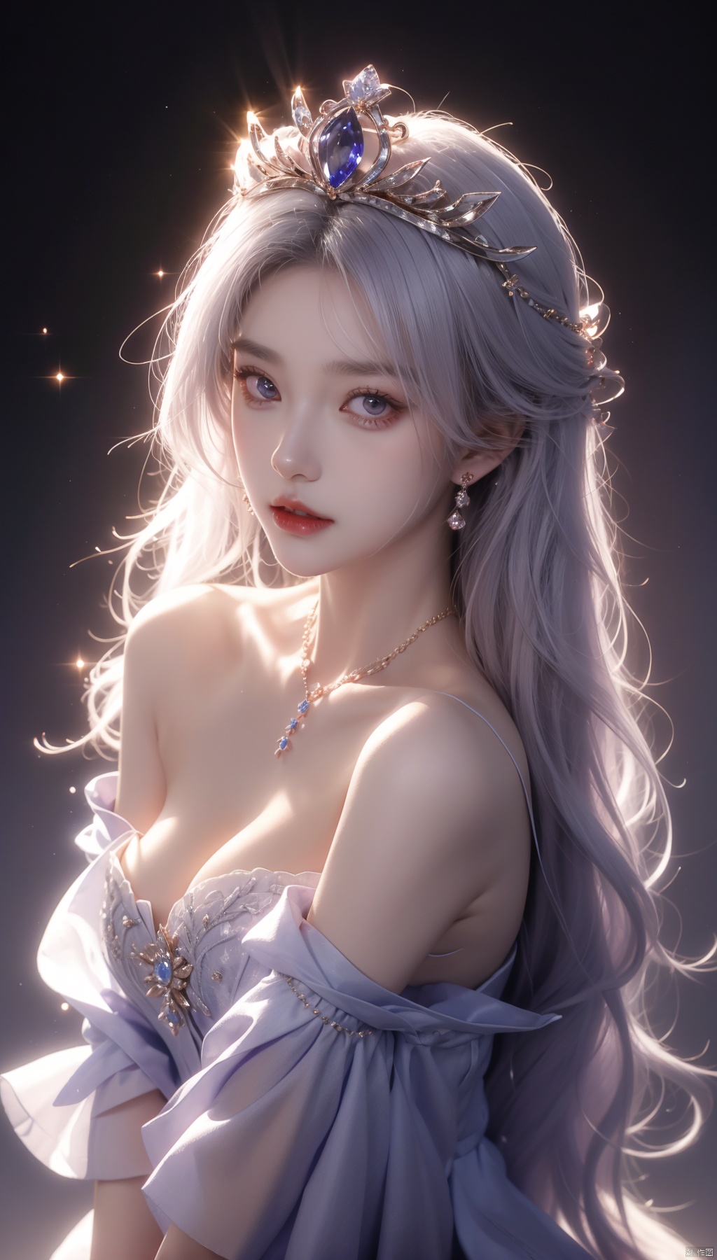  A princess, bust shot, close-up of the figure's head, ice crown, ornament, jewelry, necklace, sapphire, purple stone, noble dress, off-the-shoulder, big eyes, high nose, rosy lips, flowing white long hair and ear chain, just like a princess.White hair, Cleavage,Messy hair,delicate head wearing an ice crown, sparkling, flashing.,huliya