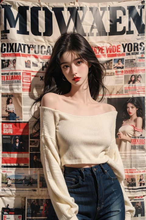  masterpiece, 1girl ((newspaper background)), black hair, blush, looking at viewers, happy, ((side)), whole body, Sweater, shoulder cutout, Denim hot pants, Shorts, jewelry, (studio light), soft light, official art, beautiful and aesthetic:1.2), extreme detailed, (joshua middleton comic cover art:1.1), (1girl:1.4), (concretism:1.2), (hypermaximalistic:1.5), highest detailed, huliya, (Action painting:1.2), Ray tracing, best quality, best quality,huliya,fox