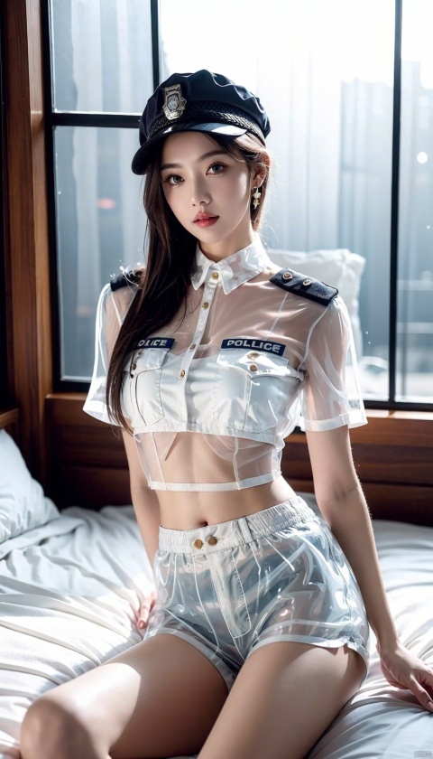  High quality, masterpiece, 1Girl, (translucent white police uniform: 1.4), navel exposed, (translucent shorts: 1.3), thigh exposed, (supermodel pose), Sitting on the bed,