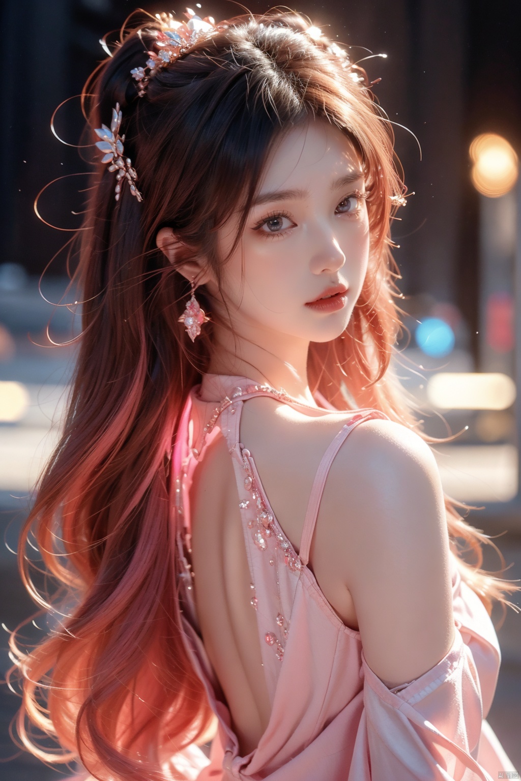  (aerial view,view of city),1girl flying in air,beautiful cute crystal girl in 26 years old, wearing crystal wear, the crystal is evil, black and pink and red glowing crystal, crystal pink hair, the power is every wear, she is evil but cute, the crystal is evil and glowing black and pink and red colors, detailed evil eyes,she has a serious expression and her lips are closed glowing crystal wear, (incredible details, cinematic ultra wide angle, depth of failed, hyper detailed, insane details, hyper realistic, high resolution, cinematic lighting, soft lighting, incredible quality, dynamic shot,,Hair with scenery,baiyueguangya,huliya