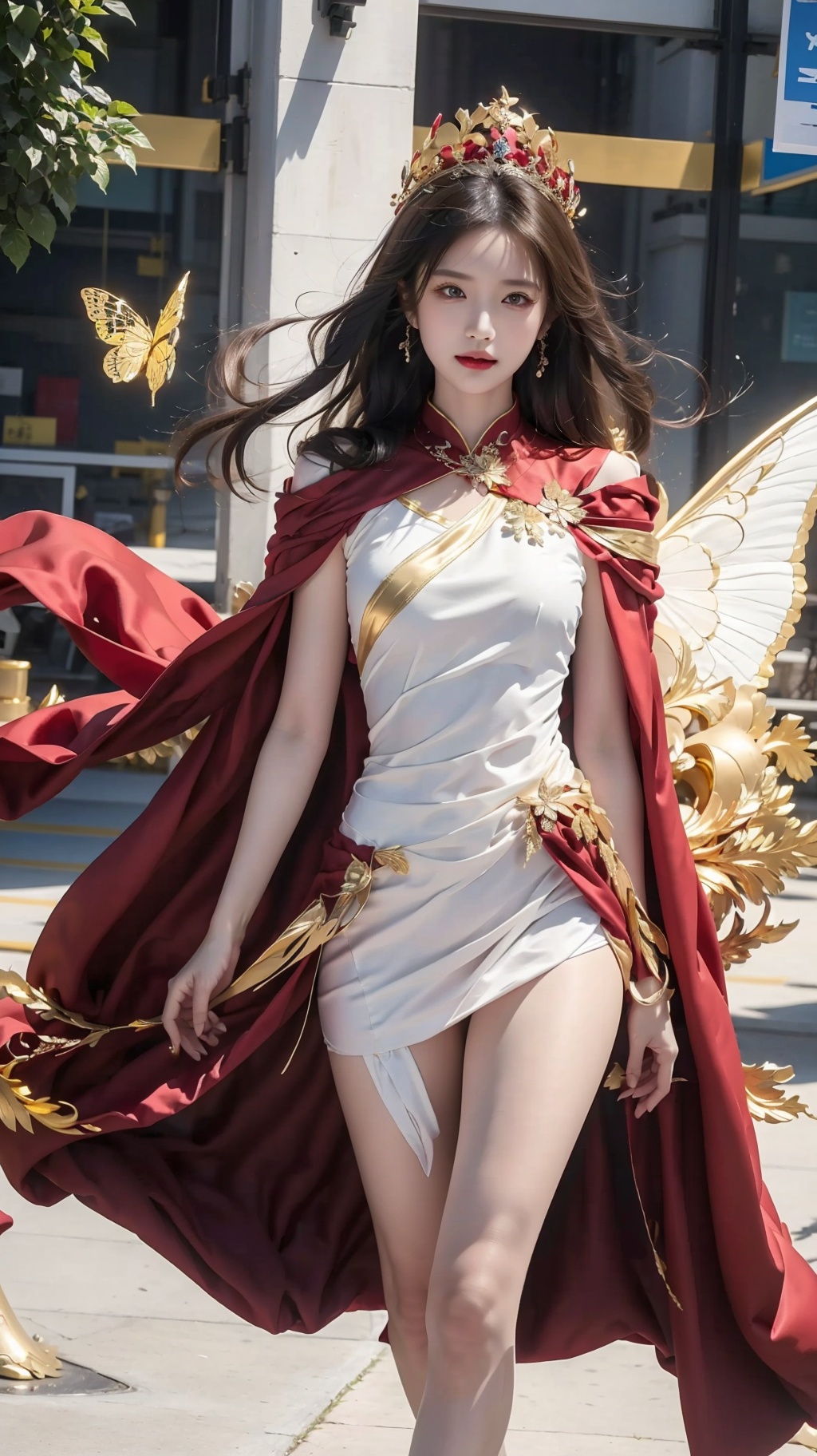  1girl, (golden armor), golden crown, (red cloak fluttering in the wind: 1.3), (walking), depth of field,