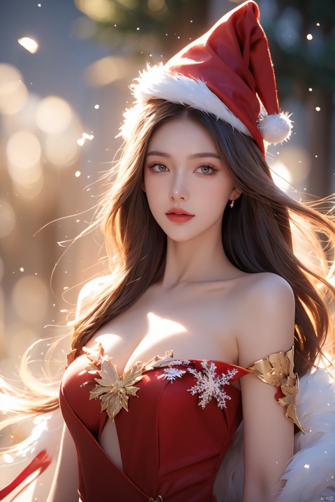  (best quality)),depth of field,((illustration)), 1girl,gem, glowing, jewelry, long hair, looking at viewer, magic, (red christmas hat), (red dress for Christmas), constellation, embers, light particles,medium_breast,floating,beautiful detailed sky,looking_at_viewers very_close_to_viewers,bare_shoulder,golden_bracelet,focus_on_face,messy_long_hair,veil,upper_body,,lens_flare,light_leaks,bare shoulders,detailed_beautiful_Snow Forest_with_Christmas trees, spirit,grey_hair,((Snowflakes)),floating sand flow,navel,(beautiful detailed eyes), (8k_wallpaper),