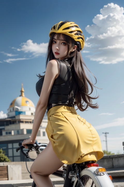  solo, 1girl,outdoors, sky, cloud, helmet, ground,sunset, riding, bicycle, BY MOONCRYPTOWOW,high_heels,yellow_footwear,pencil_skirt,long_hair