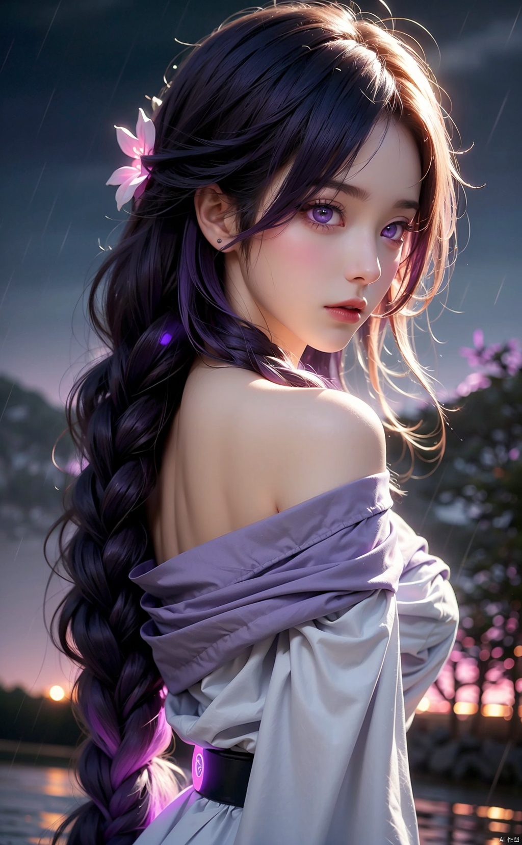  girl,urple hair, purple eyes, (blue fire,magic),(glowing eyes:1.3), chest,electricity, lightning, purple magic, aura,Close-up,Off Shoulder,Front view, backlight,looking at viewer,braids,very long hair,hair flowe,tarry sky ,water,Rain,night,