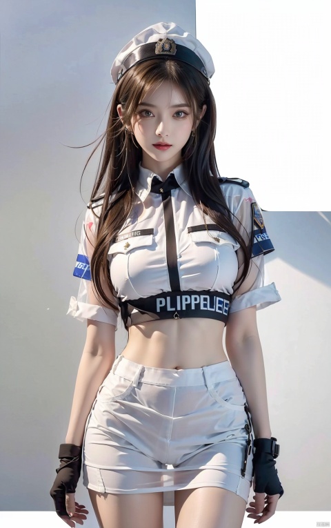  ((best quality)), (real), (masterpiece), 1girl, Half body,(Transparent white gauze police uniform:1.5),large breasts,temptation,aoa,midriff,Thighs,see-through,police uniform,Punk