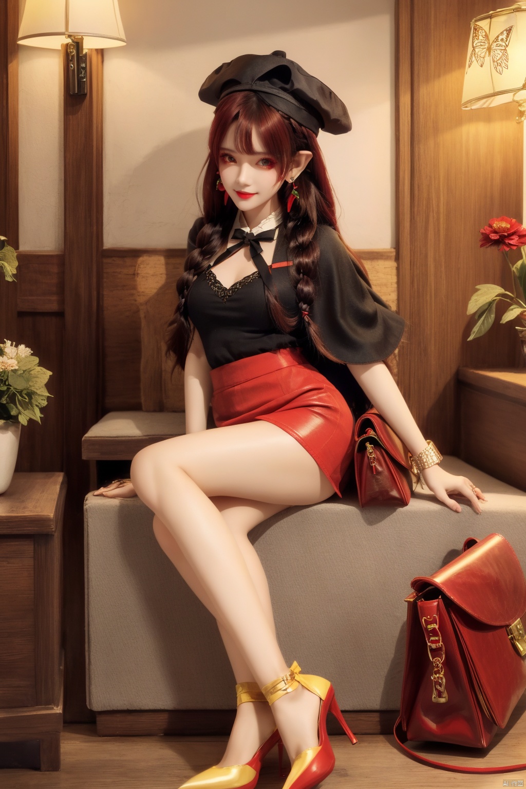  1girl, solo, pointy ears, long hair, red eyes, braid, very long hair, red hair, sitting, book, smile, hat, bug, feathers, butterfly, jewelry, earrings, looking at viewer, capelet, argyle, ribbon, flower,high_heels,yellow_footwear,pencil_skirt,handbag