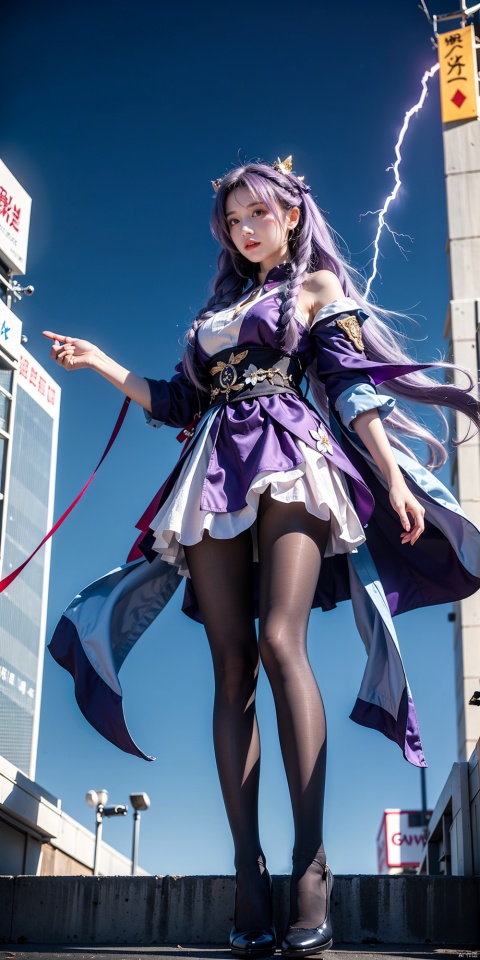  21yo girl, 
purple hair, purple eyes, glowing eyes, electricity,Silk stockings, jackets, lightning, Short skirt,Artifacts,purple magic, aura, full body,magic circle, braids,very long hair,hair flowe,tarry sky,
(glass:1.1),(false:1.15),(void:1.25),(magic:1.25),

(wide shot, wide angle, from below, full body shot),

HDR, Vibrant colors, surreal photography, highly detailed, masterpiece, ultra high res,
high contrast, mysterious, cinematic, fantasy, bright natural light, pantyhose, keqing \(genshin impact\)