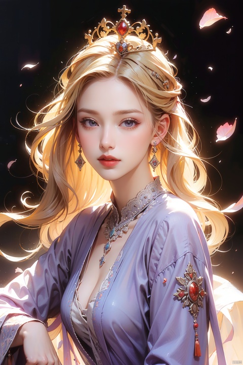  (absurdres, highres, ultra detailed),
1girl, 26yo girl,
wavy long hair,Blond hair, coral eyes, bangs, long sleeves,

finely detailed eyes and detailed face, extremely detailed CG unity 8k wallpaper, intricate details,
(style-swirlmagic:1.0), looking at viewer, solo, upper body, detailed background, close up, detailed face,

(purple medieval byzantine theme:1.1), royal monarch, aristocratic, floating particles, rose petals, sitting on stairs, ballroom background, symmetrical composition, sidelighting, cinematic atmosphere, shadows, royal crown, jewels, , portrait, wind swirling