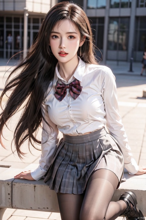  1girl, solo, pantyhose, skirt, long hair, loafers, shoes, simple background, school uniform, purple eyes, plaid, pantyhose, plaid skirt, looking at viewer, multicolor hair,white pantyhose pull, full body, clothes pull, black footwear, pleated skirt, leaning forward, bangs, long sleeves, bent over, cardigan, bow, bowtie, standing, closed mouth, pulled by self, blue background, blush, miniskirt, red bow, sweater, undressing, chibi, tifa, my