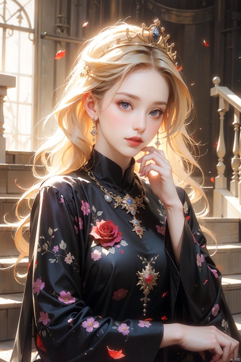  (absurdres, highres, ultra detailed),
1girl, 26yo girl,
wavy long hair,Blond hair, coral eyes, bangs, long sleeves,

finely detailed eyes and detailed face, extremely detailed CG unity 8k wallpaper, intricate details,
(style-swirlmagic:1.0), looking at viewer, solo, upper body, detailed background, close up, detailed face,

(purple medieval byzantine theme:1.1), royal monarch, aristocratic, floating particles, rose petals, sitting on stairs, ballroom background, symmetrical composition, sidelighting, cinematic atmosphere, shadows, royal crown, jewels, , portrait, wind swirling
