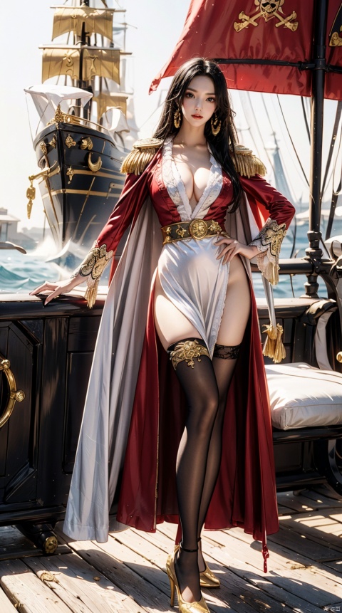  Black long hair, red coat, white cape, gold epaulets, black silk Pantyhose, black high-heeled shoes, standing on the pirate ship, pirate flag,sail,女帝,yuzu,1 girl