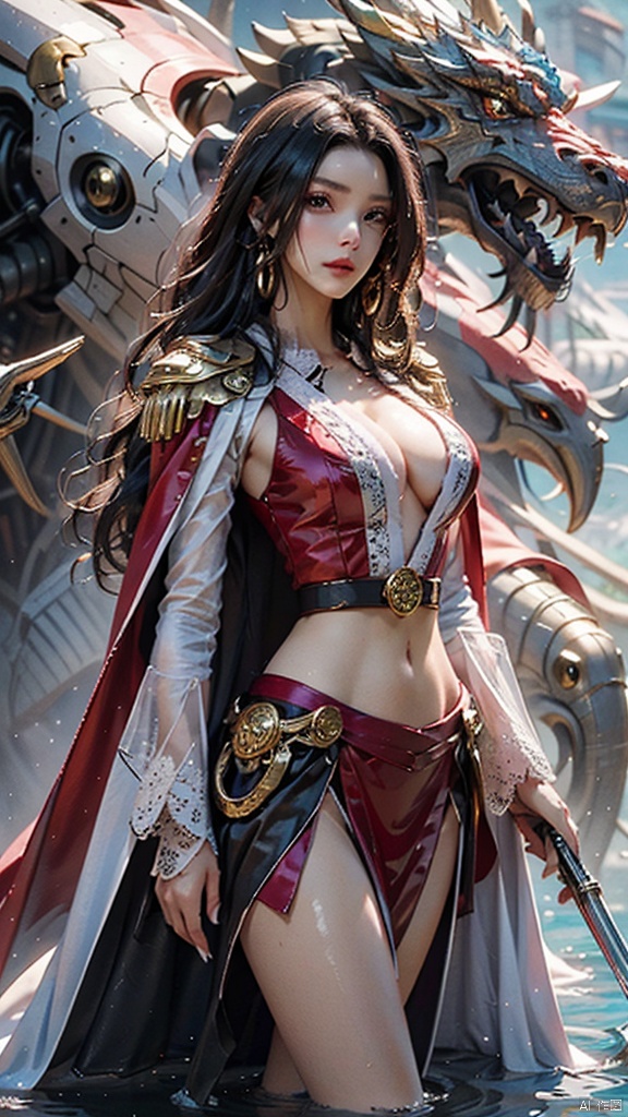  Best Quality,Masterpiece,a very exquisite and beautiful girl,very detailed,amazing,with exquisite details,official art,super detailed,high-level,beautiful details girl,with a radiant face,A girl standing in front of a dragon,long,without humans,dragon,floating blonde hair,jade water book,water,waves,full of water energy,all mechanical,pinkmechanical,MIX4,swordsman,east_asian_architecture,女帝,machinery,NVDI