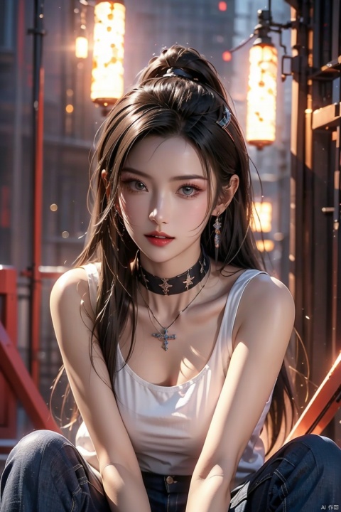  (the best quality), 3D, solo, Cyberpunk lady, curely hair, sitting in the electronic room, eyes staring at the camera,（jeans：1.2）,(electronic light source: 1.5), (light) line, (light-emitting electronic pattern: 1.5), depth of field, ray tracing,maximum sharpness and sharpness, large aperture, one-third rule, 8K RAW, cyberpunk, pendant, choker necklace,1 girl,hm,tifa,my