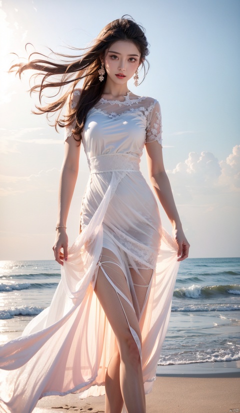  best quality,1girl, half body, earrings, wind blown hair, (translucent white gauze dress:1.5), beach,