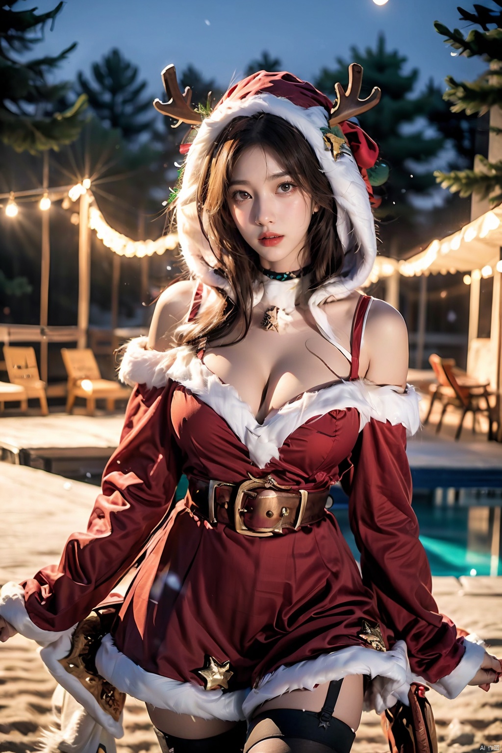  WZRYdiaochanSDLG, 1girl, solo, antlers, bell,thighhighs, choker, brown hair, looking at viewer,hood, reindeer antlers, skirt,breasts, brown eyes, short hair, neck bell, fur trim, garter straps, dress,cleavage, wide sleeves, cityscape,pool, night,mature female, ,fur-trimmed legwear, 1 girl,(cowboy shot:1.9)