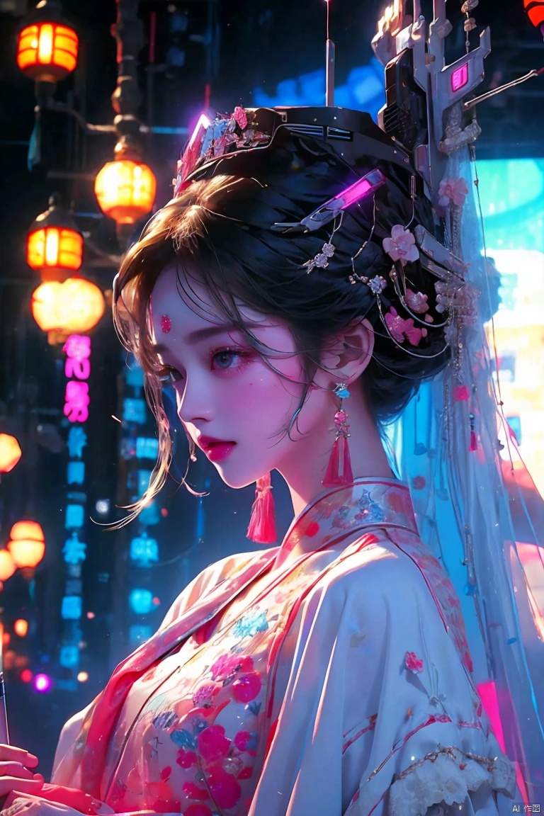  1 girl, Hanfu, headwear, cyberpunk, neon lights,jewelry,