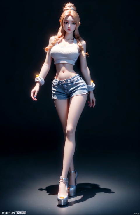  High quality, ultra high-definition, surreal, highest resolution, (16k pixels) (bright color), female, hair tied up, (full body portrait in front), mid chest, long legs, tall, perfect figure, small white shoes, fresh style, (white knitted cardigan, bottom shirt) (white cotton shorts), high heels,glass,yuyao,The eye,1 girl,, fake breast,zhennite