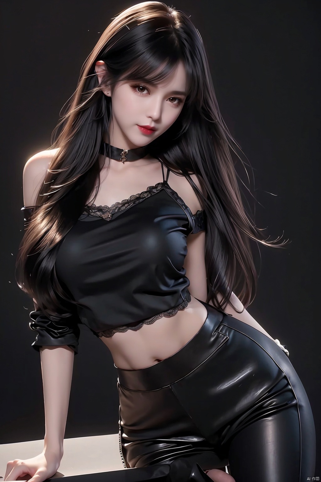  cute 1girl, messy long black hair,Black lace shirt, seductive leaning forward, detailed skin, detailed face,realistic, photorealistic, (studio light:1.4), Artgerm, evil smile, choker, black simple background,leather pants