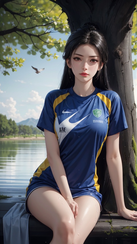  {best quality}, {{masterpiece}}, {highres}, 1girl,long hair,black hair,black eyes,Sitting in a park in the sun ,{wet},{annoyed},sports wear,Many birds,Leaning against a big tree,,