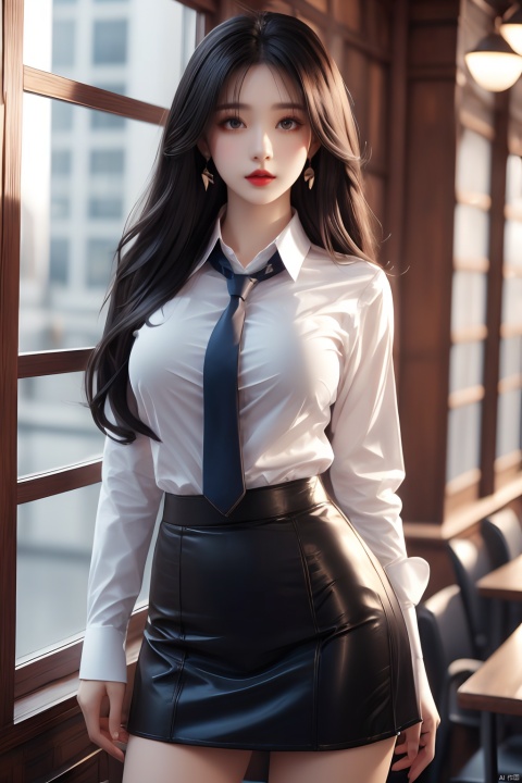  1girl,skirt,necktie,shirt,long_hair,solo,blue_necktie,pencil_skirt,white_shirt,black_skirt,black_hair,looking_at_viewer,red_lips,breasts,collared_shirt,shirt_tucked_in,parted_lips,standing,cowboy_shot,large_breasts,long_sleeves,sleeves_rolled_up,miniskirt,office_lady,lips,earrings