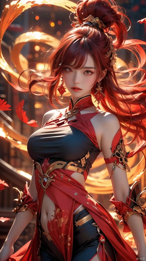  1girl,Bangs, off shoulder, (red hair), red eyes, chest, earrings,Tight fitting clothing, earrings, floating hair, jewelry, sleeveless, short hair,Looking at the observer, parted lips, pierced,energy,magic,energy,red magic,(Burning air:1,5),light particles1girl,Punk,girl,heigirl