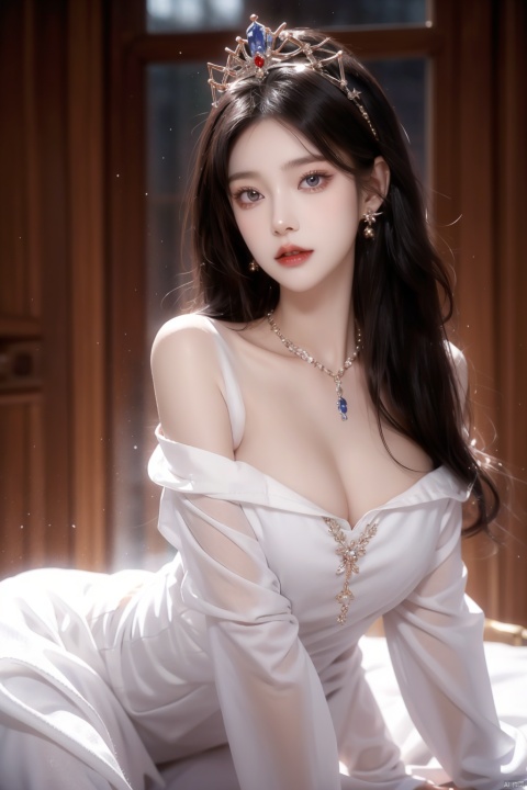  A princess, bust shot, close-up of the figure's head, ice crown, ornament, jewelry, necklace, sapphire, purple stone, noble dress, off-the-shoulder, big eyes, high nose, rosy lips, flowing white long hair and ear chain, just like a princess.White hair, Cleavage,Messy hair,delicate head wearing an ice crown, sparkling, flashing.,huliya, christmas, 1girl,skirt