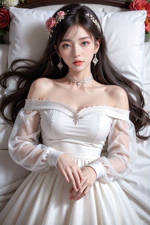  1girl, solo,blue eyes, long hair, holding flower, holding, rose, dress, petals, hair ornament, lying, long sleeves, white hair, on back, white dress, looking at viewer, choker, parted lips, bare shoulders, blush, bangs, off shoulder, black choker, hair flower, off-shoulder dress, very long hair, collarbone, puffy long sleeves, puffy sleeves, hair between eyes,dofas, crystal, yunbin, qianjin, christmas