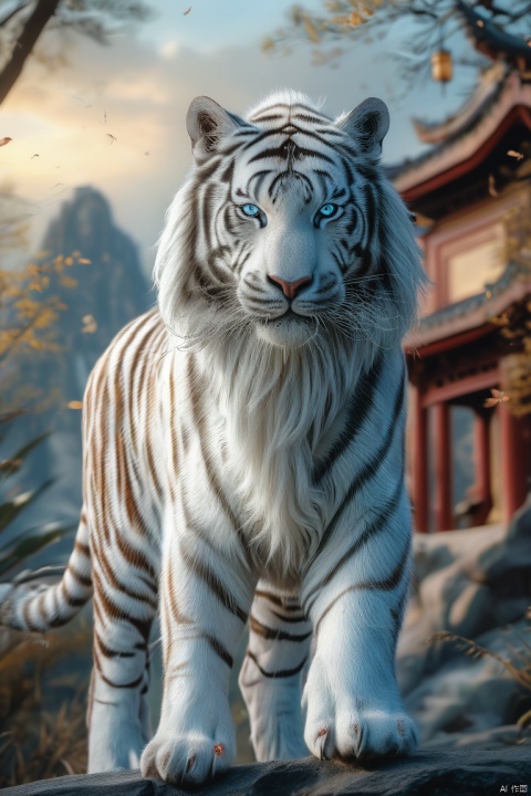  shanhaijing,solo, looking at viewer, blue eyes, white hair, outdoors, blurry, no humans, animal, claws, motion blur, tiger, white tiger