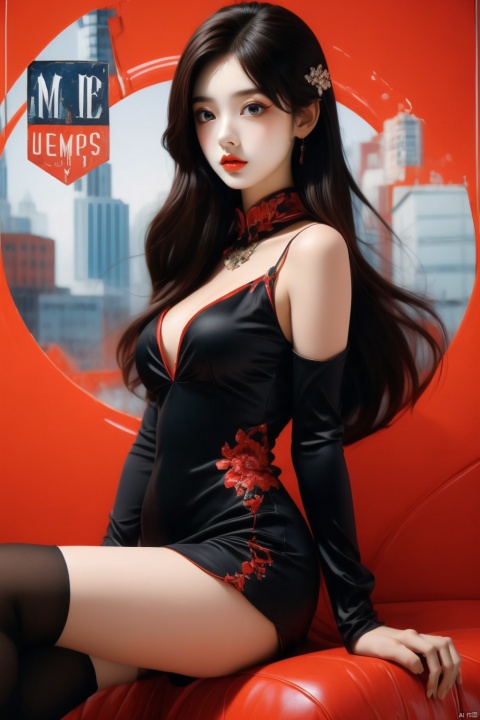  1 girl, (Memphis portrait: 1.5) , creative character graphics, geometric portraits, Art Deco, decorative posters, detailed, high quality, masterpieces, xiqing, HUBG_Beauty_Girl, 1girl, dress, detached sleeves, thighhighs, liuyifei