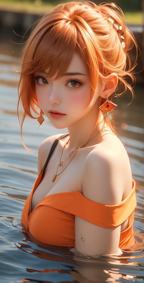  1girl,Short hair, earrings, necklaces, orange hair, off shoulder, chest, water, looking at the audience, the fallen leaves on the water,partially submerged, sunset, afterglow, evening,yoimiya (genshin impact)