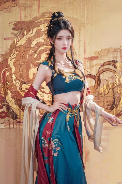  ,dunhuang_dress,dunhuang_background,1girl,dance,flying,masterpiece, traditional chinese ink painting, 1 girl, long hair, look at viewer, tease, Spirit, loong, dunhuang_style, dunhuang_cloths, 4k, best quality, super detail, award winning, high quality, best quality, high details ,big_breasts