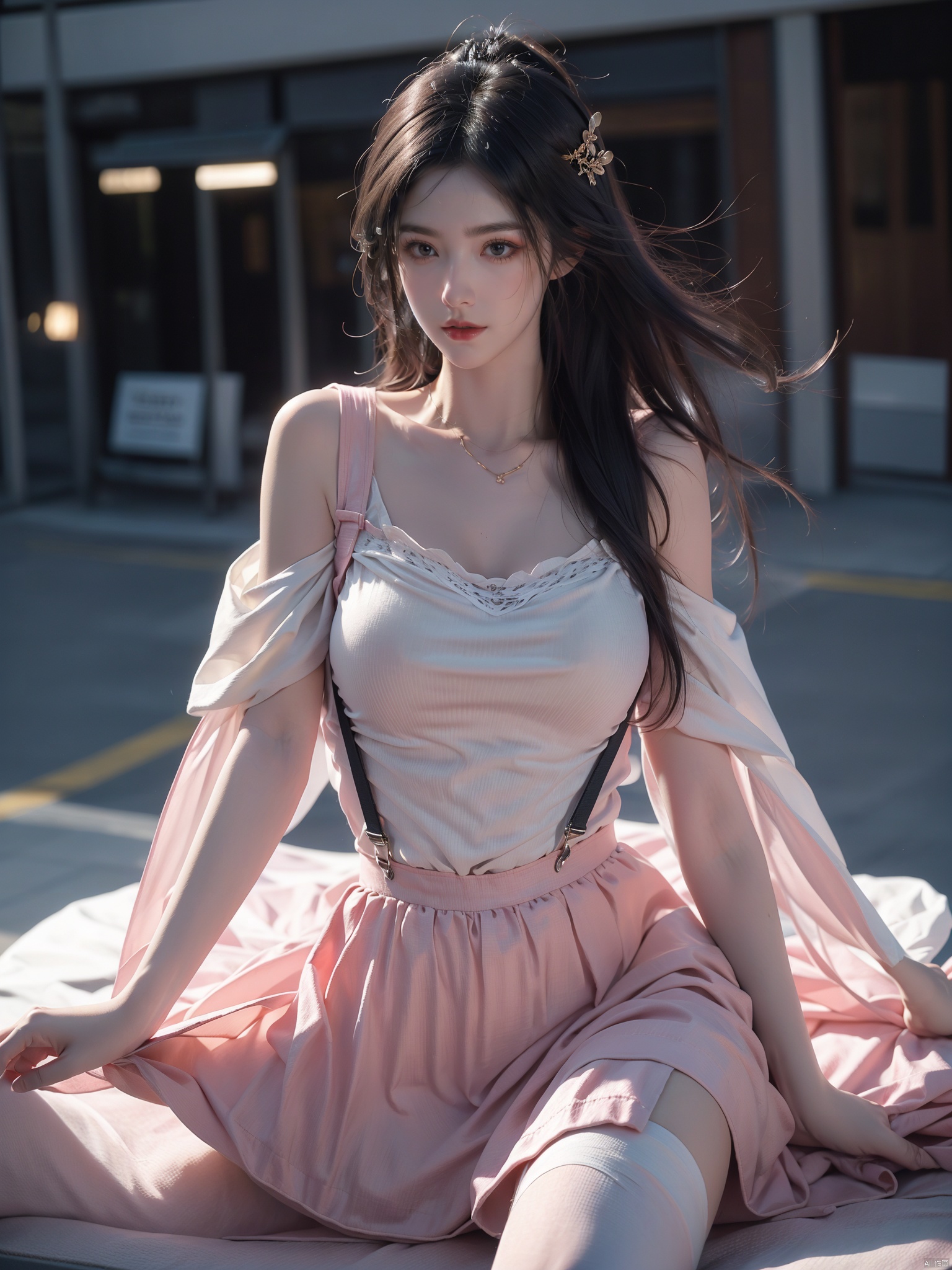  1girl, (huge suspenders), (raw photo, best quality), (realistic, photo-realistic:1.3), extremely delicate and beautiful, Amazing, finely detail, masterpiece, ultra-detailed, highres, (best shadow), 8k UHD, 1girl, dress, floating hair, jewelry, long hair, solo, wind, pink theme, full_body, cute girl, sailor senshi uniform, sunyunzhu, Hosino, , , , , , huliya