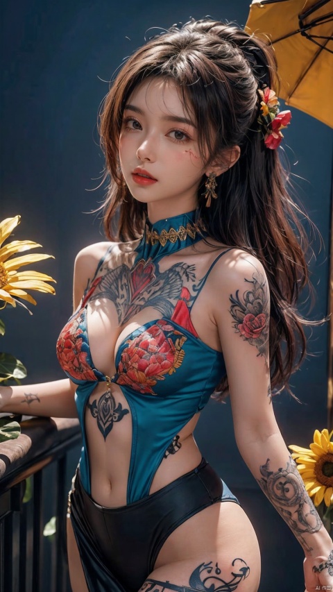  offcial art,colorful,Mecha,Colorful background,splash of color,low-angle_shot,high light,A beautiful woman The chest is large,Flower arms,(zentangle:1.3),Colorful and colorful silks cover the body,The looming body,Sideways photo,SAIYA,((Ylvi-Tattoos,tattoos)),glint sparkle, blackpantyhose, light master