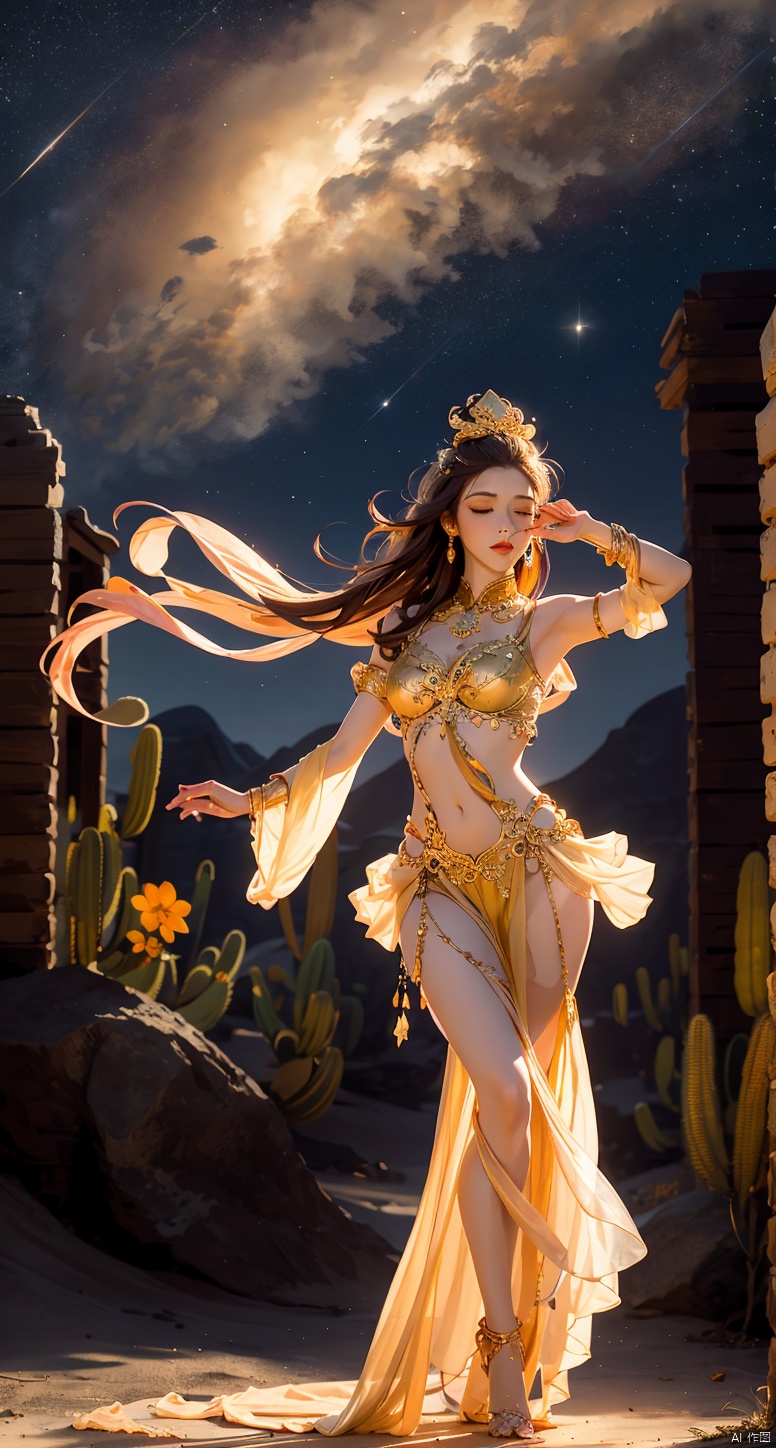  best quality,masterpiece,(wide shot:1.3),photo realistic,highly detailed,fashion photography,Beautiful background,((Desert landscape)):1.4,(desert:1.5),(sandstorm:1.3),(sand:1.2),scenery,scenario,full body,(1gril):1.2,solo,(a girl dancing in the desert):1.3,(dancing:1.2),dress,long hair, brown hair, hair down, hair ornament, light blush, smirk, closed eyes, medium breasts, barefoot, geometric,night scene,(night:1.1),sky,stars, cloudy, (gold/yellow theme:1.2),nature,dress,flowers,plant,tree,purist, esoteric,occult,Aesthetic Background,building blurring,dunhuang,Detail