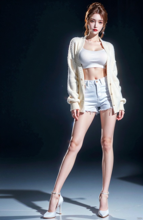  High quality, ultra high-definition, surreal, highest resolution, (16k pixels) (bright color), female, hair tied up, (full body portrait in front), mid chest, long legs, tall, perfect figure, small white shoes, fresh style, (white knitted cardigan, bottom shirt) (white cotton shorts), high heels,glass,yuyao,The eye,1 girl,, fake breast,zhennite