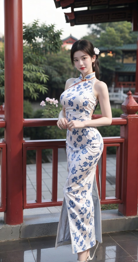  (global illumination, reality,ray tracing, HDR, unreal rendering, reasonable design, high detail, masterpiece,best quality, ultra high, movie lighting),
1girl,outdoor,looking_at_viewer,side_blunt_bangs,china_dress,chinese_style,(big breasts:1.73),pose,solo,1girl,black hair,black eyes, (pink flowers:1.3), qipao