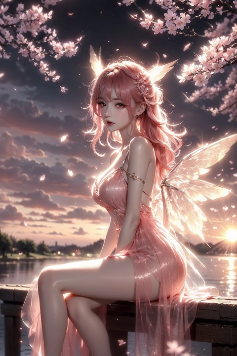  beautiful girl,breasts, girl, dress, (pinkhair,Whiteclouds,thesky,Cherryblossoms,sunset,fallingcherryblossoms,wings,Sitting,calf,thing:1.2)depth_of_field,blurry_background,largebreasts,glint,姬小满, blurry