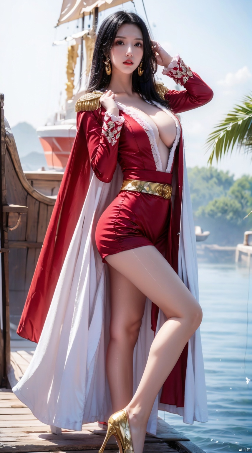  Black long hair, red coat, white cape, gold epaulets, black silk Pantyhose, black high-heeled shoes, standing on the pirate ship, pirate flag,sail,女帝,yuzu,1 girl, shirt_lift