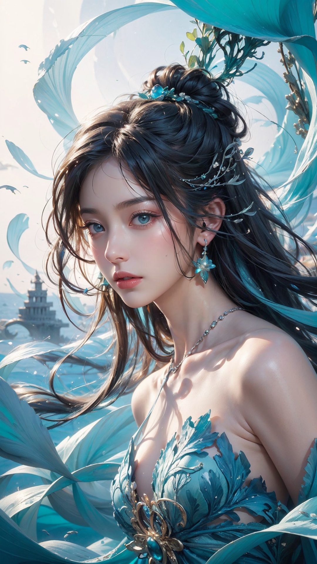  (Realistic, masterpiece), Mystical seascape, enigmatic girl with seaweed-covered hair, surrounded by a variety of marine life, submerged city with intricate architecture, low-angle view, rich jewel tones, sharp contrast, delicate line work