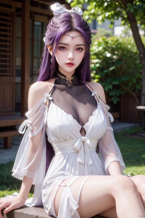  1girl, breasts, collarbone, dress, hair_ornament, holding_clothes, lips, lipstick, long_hair, looking_at_viewer, makeup, medium_breasts, outdoors, purple_eyes, purple_hair, see-through, see-through_silhouette, solo, white_dress, white_ribbon，sitting
