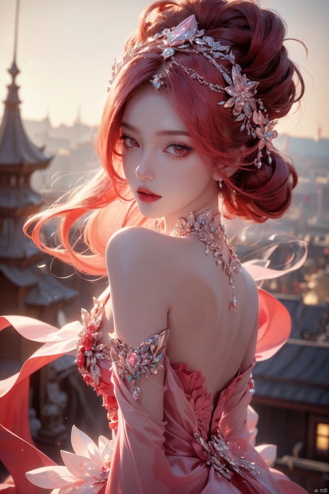 (aerial view,view of city),1girl flying in air,beautiful cute crystal girl in 26 years old, wearing crystal wear, the crystal is evil, black and pink and red glowing crystal, crystal pink hair, the power is every wear, she is evil but cute, the crystal is evil and glowing black and pink and red colors, detailed evil eyes,she has a serious expression and her lips are closed glowing crystal wear, (incredible details, cinematic ultra wide angle, depth of failed, hyper detailed, insane details, hyper realistic, high resolution, cinematic lighting, soft lighting, incredible quality, dynamic shot,,Hair with scenery,baiyueguangya,huliya