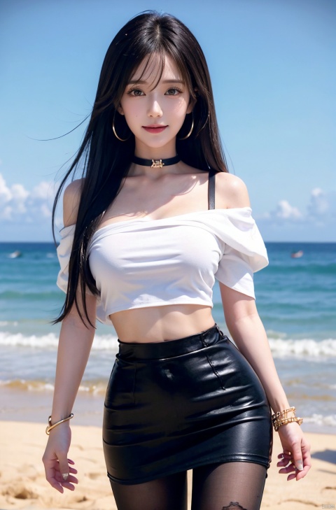  nai3, 1girl, solo, crop top, choker, miniskirt , navel, shirt, midriff, crop top overhang, looking at viewer, white shirt, jewelry, breasts, cowboy shot, bare shoulders, off-shoulder shirt, off shoulder, black choker, thighs, stomach, hand on own thigh, long hair, bracelet, short sleeves, ribbon, hand up, collarbone, hair ribbon, medium breasts, standing, , , bra strap, kind smile, hair ornament, thigh gap, bangs, necklace, expressionless,,blackpantyhose, , Dynamic pose,, , , , linghua,Blue sky, white clouds, beach,Dynamic pose