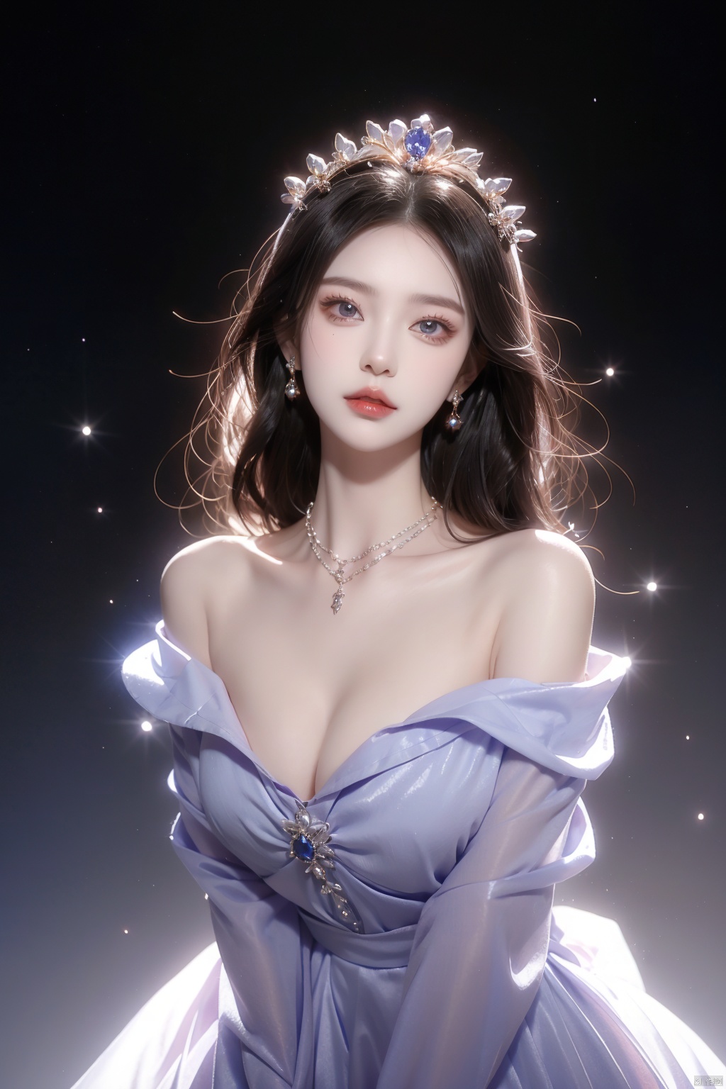  A princess, bust shot, close-up of the figure's head, ice crown, ornament, jewelry, necklace, sapphire, purple stone, noble dress, off-the-shoulder, big eyes, high nose, rosy lips, flowing white long hair and ear chain, just like a princess.White hair, Cleavage,Messy hair,delicate head wearing an ice crown, sparkling, flashing.,huliya, christmas, 1girl,skirt