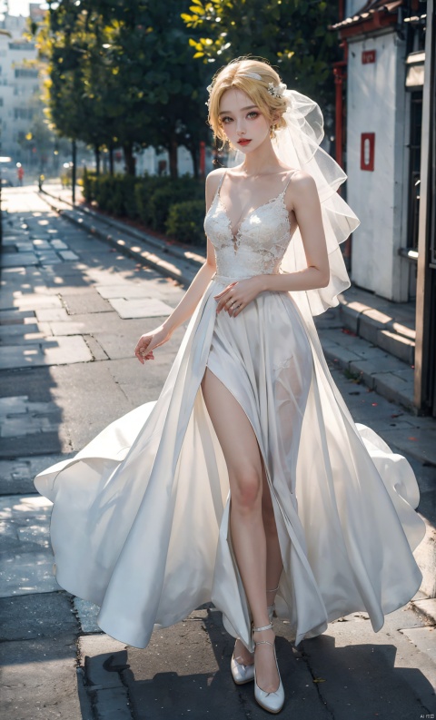  High quality, best quality, detailed photography, best image quality, 8K, one woman, (yellow hair, yellow eyes) wearing a white wedding dress to pose, white dress, white robe, elegant and graceful, beautiful and elegant, very beautiful and elegant, graceful and elegant, wearing a beautiful dress, ceremonial dress, Zhang Jingna, wedding dress, amazing elegance, meeting, sparkling white, exquisite details, romantic dress,