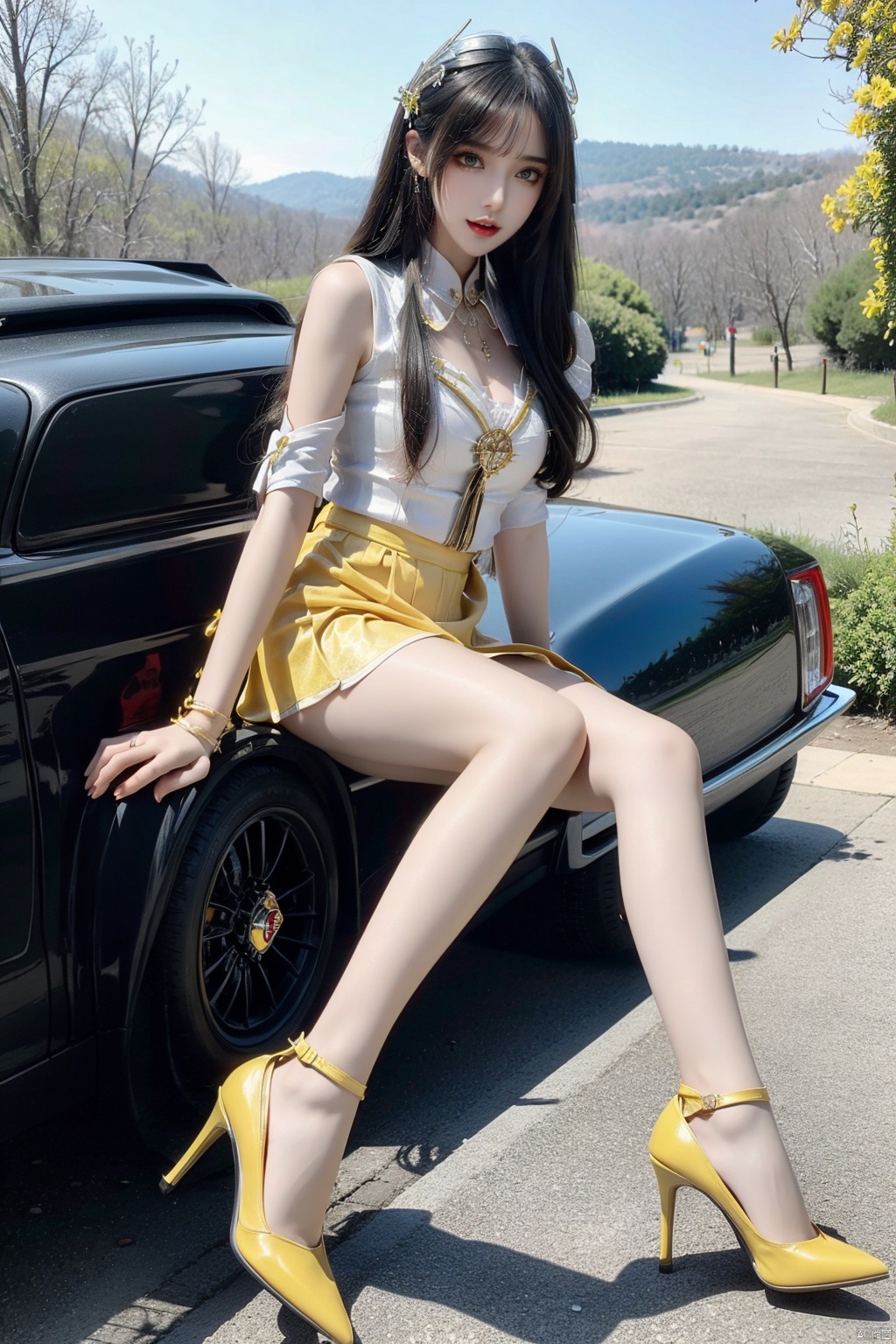  masterpiece, highly detailed, high contrast, the headless man from Sleepy Hollow, ((driving a classic Cadillac convertible)), down a sinister highway, 1girl,pencil_skirt,yellow_footwear,high_heels,handbag