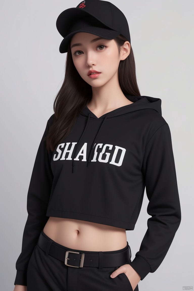  ((HRD, HUD, 8K)),((masterpiece, best quality)), highly detailed, 1girl, solo, hat, baseball cap, black headwear, hat, baseball cap, black headwear,black hair, long hair, brown eyes, lips,jacket, hood, long sleeves, black shirt, shirt, open clothes, belt, pants, black pants,
simple background, grey background, upper body, standing, looking at viewer, ShangGuanWanEr